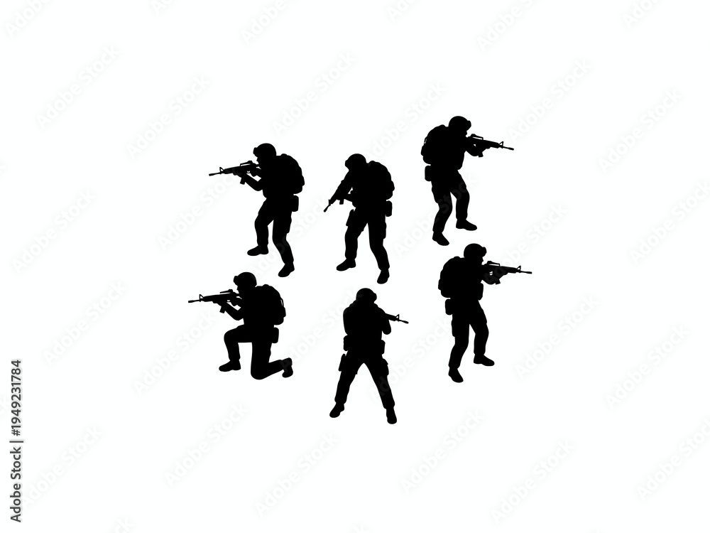 Fototapeta premium Soldier silhouettes with tactical poses on white background