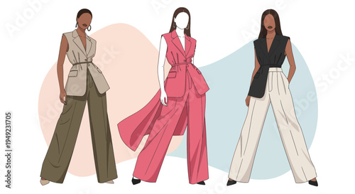 Three Women Fashionable Suits Illustration.