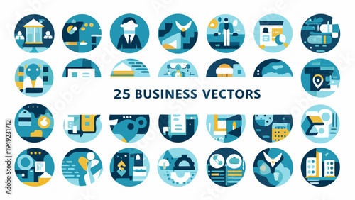 Collection of twenty five blue business and industry vector icons
