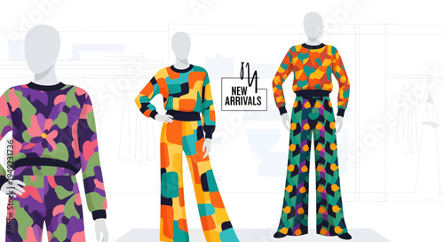 Vibrant Geometric Patterned Fashion Outfits on Mannequins.