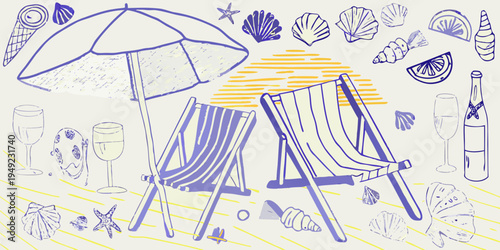 A whimsical beach scene with sketched summer elements and soft colors