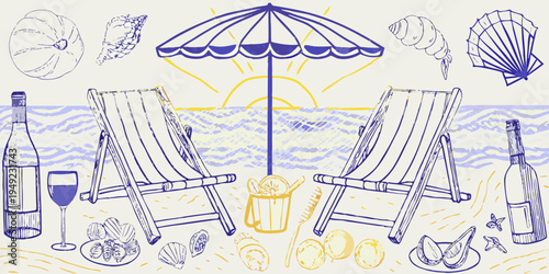 Beach scene with lounge chairs shells and a setting sun illustration