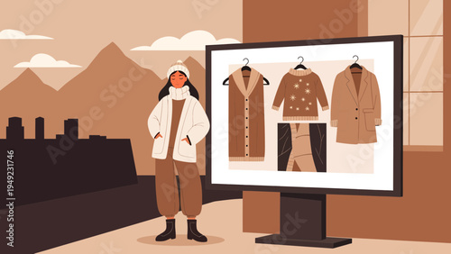 Woman choosing winter clothes from online store display.