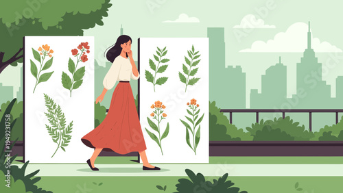 Woman admiring botanical illustrations in a park setting.