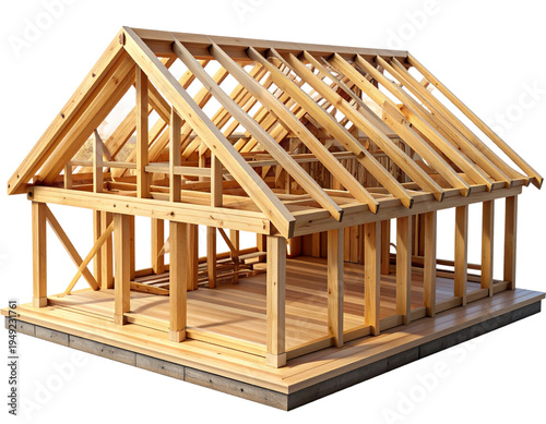 Fotografía Wooden Frame House Construction Model, Timber Structure Architecture, Isolated o