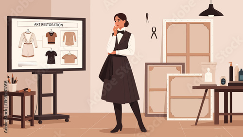 Woman in a dark dress and white shirt contemplating fashion choices.