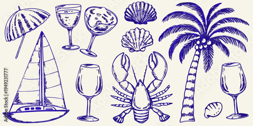 A collection of hand drawn summer and coastal themed illustrations