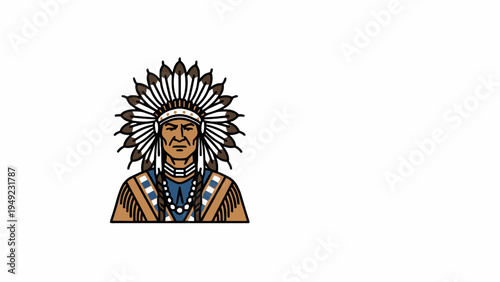 Native American Indian Chief Illustration in Traditional Headdress