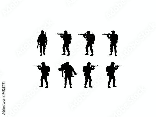Military soldier silhouettes set in combat poses and rescue action
