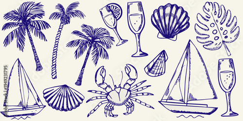 A collection of hand drawn tropical elements including shells boats and drinks
