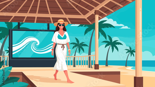 Woman in white dress and hat walking on beach resort.