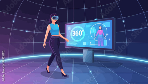 Woman Interacting with Virtual Reality Technology Display.