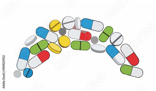 Arc layout colorful pills and capsules cartoon flat vector icons