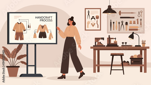 Woman presenting handicraft process on screen.