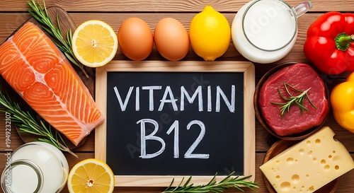 Assorted healthy foods surround a chalkboard with 