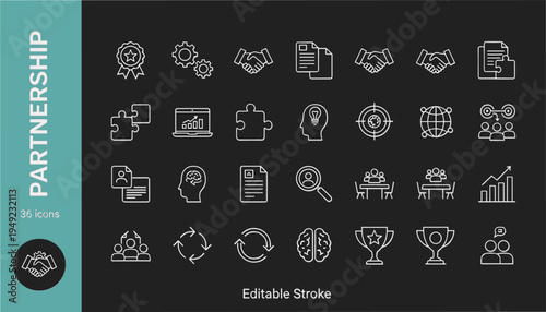 35 partnership icons, black and white line style, collaboration symbols, business tools, handshake, communication, teamwork, vector illustration, editable stroke, professional concept