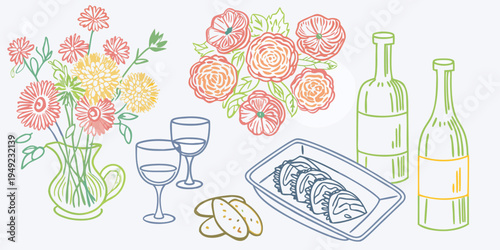 A still life illustration featuring flowers wine cheese and bread