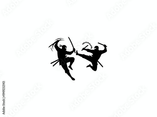 Ninja Fighting Silhouette with Katana and Nunchaku