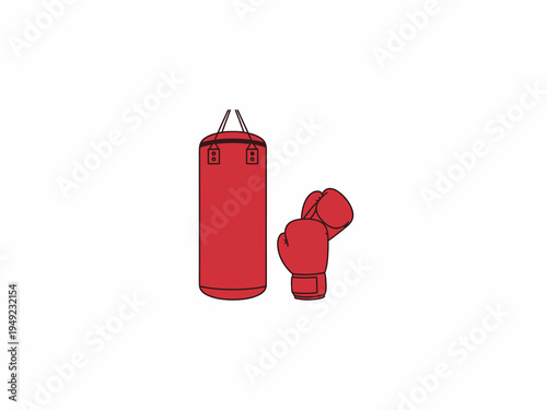 Red punching bag and boxing gloves illustration on white background