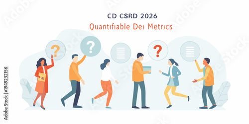 People pondering quantifiable dei metrics with question marks above their heads