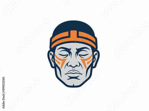 Tribal man warrior head mascot with face paint and headband