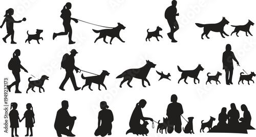 Dog walking silhouettes set, people with pets, playing, running, sitting, companionship icons, animal care illustration for lifestyle, family, outdoor activity
