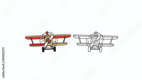 Biplane Aircraft Front View Colored and Line Art Set
