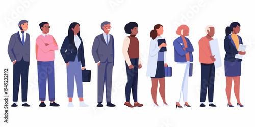 Diverse group of professionals standing in a formal organized line