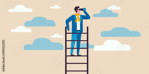 A businessman climbs a ladder looking through binoculars at the future