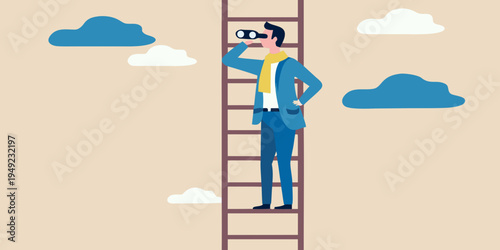 A businessman climbs a ladder looking through binoculars at the clouds