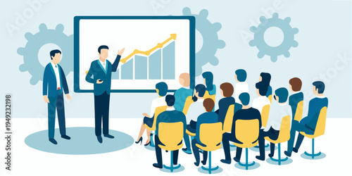 Business presentation with a speaker and audience in a modern setting