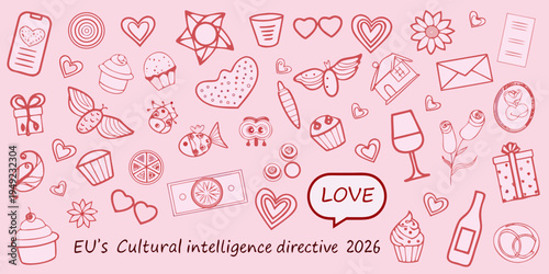 A collection of hand drawn pink illustrations featuring love and sweet treats