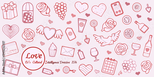 A collection of hand drawn pink illustrations depicting love and gifts