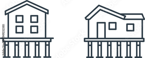 Vector illustration of two traditional stilt houses with elevated supports, architectural design variations, cultural housing style for flood protection and stability