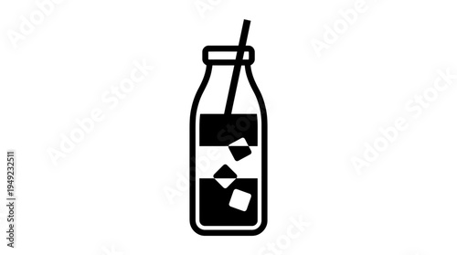 Minimalist black icon of a glass beverage bottle with a drinking straw and floating ice cubes on a white background, ideal for cafe menu design, refreshing drink promotion and digital app interface