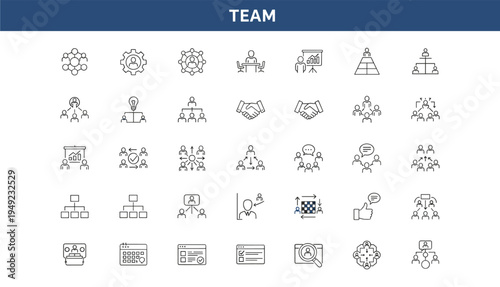 40 team icons, black and white line style, collaboration symbols, organizational charts, communication tools, business concept, vector illustration, editable stroke, workplace dynamics