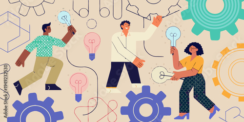 Diverse team collaborates generating innovative ideas with lightbulb concepts