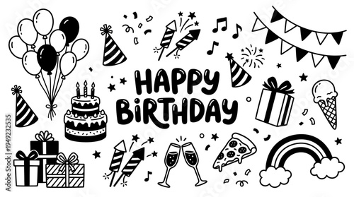 Hand drawn collection of happy birthday party elements with cake balloons gifts and fireworks on white background, ideal for greeting card design, invitation templates and festive advertising
