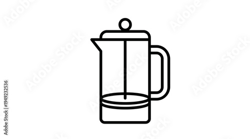 Minimalist black line icon of a French press coffee maker isolated on a plain white background, ideal for cafe menu design, kitchen appliance illustrations and coffee shop branding