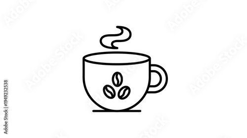 Minimalist black line art illustration of a steaming hot cup of coffee with coffee bean motifs on a clean white background, ideal for cafe branding, menu icons and beverage shop marketing