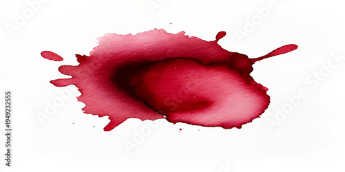 A beautiful red watercolor paint splash design features liquid ink drops and grunge brush strokes resembling a bloody rose petal or an artistic nature symbol isolated on white