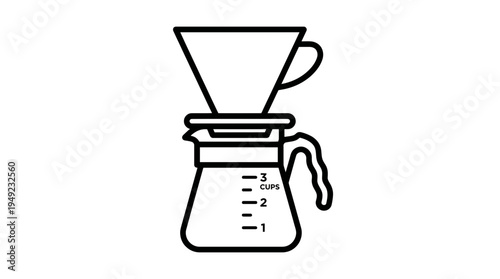 Minimalist line art illustration of a manual pour-over coffee dripper on a glass carafe server with measurement levels, ideal for cafe menu design, barista training materials and branding