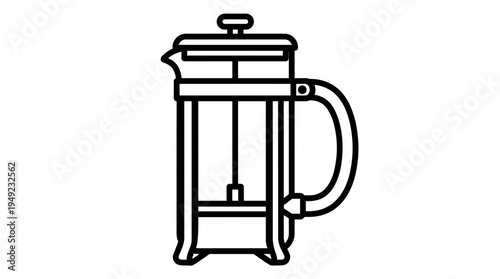 Minimalist line art illustration of a French press coffee maker with a plunger isolated on white background, ideal for cafe menu design, kitchen web graphics and coffee brewing infographic