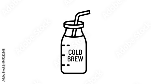 Minimalist black line icon of a cold brew coffee glass bottle with a drinking straw on white background, ideal for coffee shop menus, cafe branding and beverage packaging design