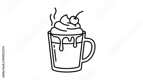 Minimalist line art illustration of a hot cocoa drink in glass mug with whipped cream and cherry, ideal for cafe menu design, social media posts and beverage branding