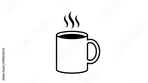 Minimalist black and white line art icon of a hot steaming coffee mug isolated on white background, ideal for cafe logo design, restaurant menu graphics and office breakroom signage