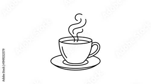 Minimalist line art illustration of a steaming coffee cup on a saucer isolated on a white background, ideal for cafe menu design, morning breakfast blog posts and beverage branding projects