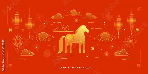 Golden horse illustration with lanterns and clouds for the year 2026