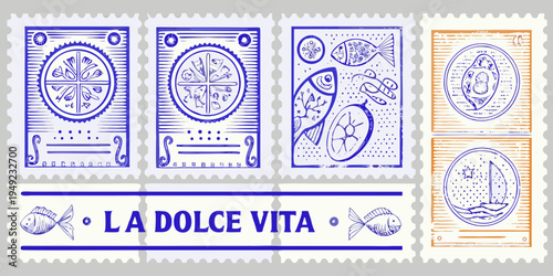 Vintage style postage stamps featuring fish floral designs and boats
