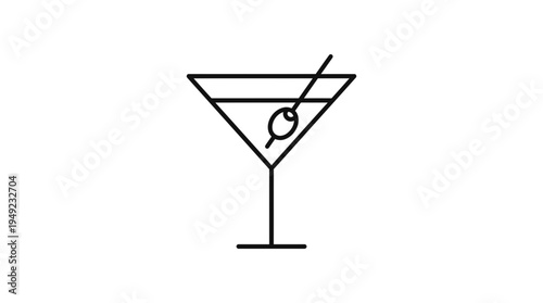 Minimalist black line icon of a martini cocktail glass with a single olive on a toothpick, ideal for bar menu design, cocktail party invitation and restaurant web interface